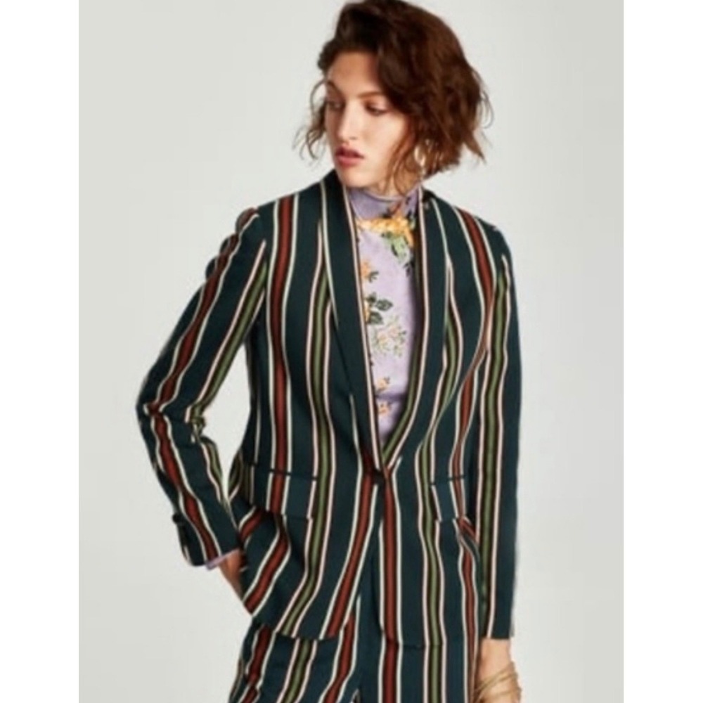 ZARA‎ WOMAN Striped Blazer Jacket Green White Red Black Button Front Size L